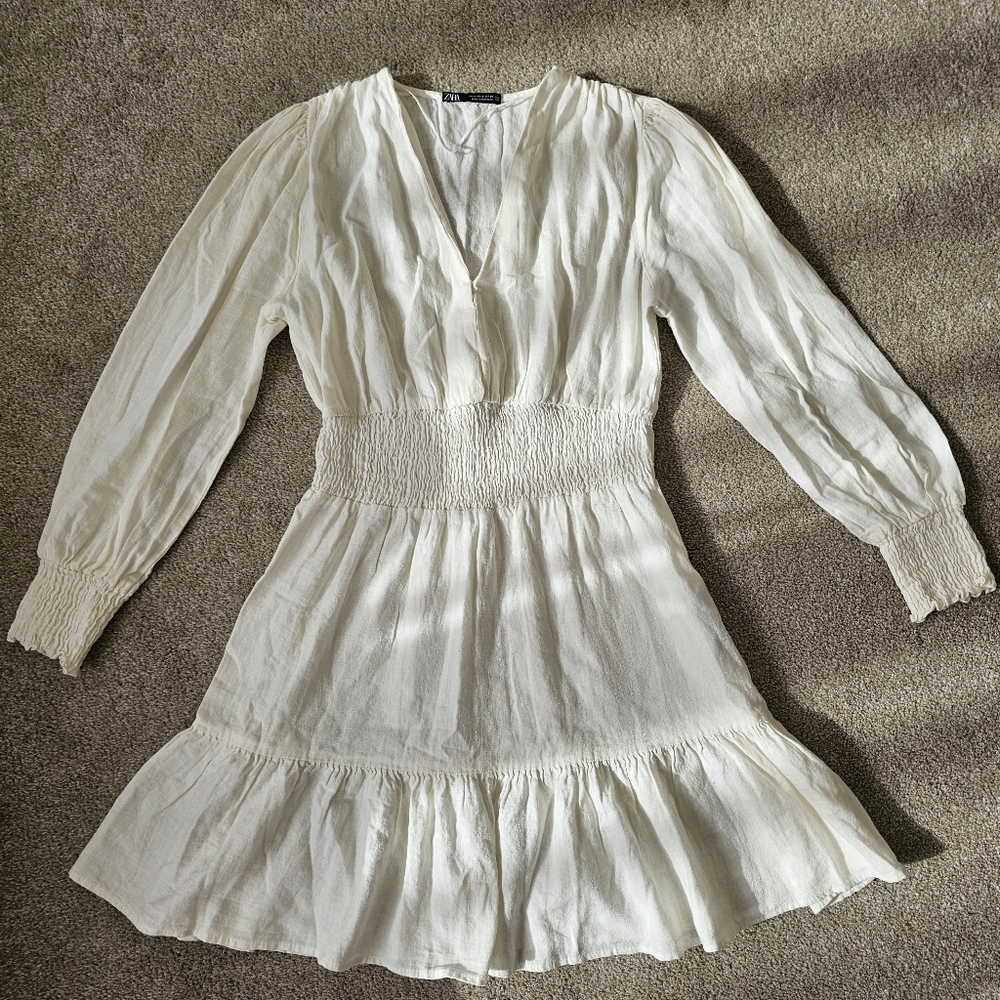 Zara White Long Sleeve Linen Dress SMALL
